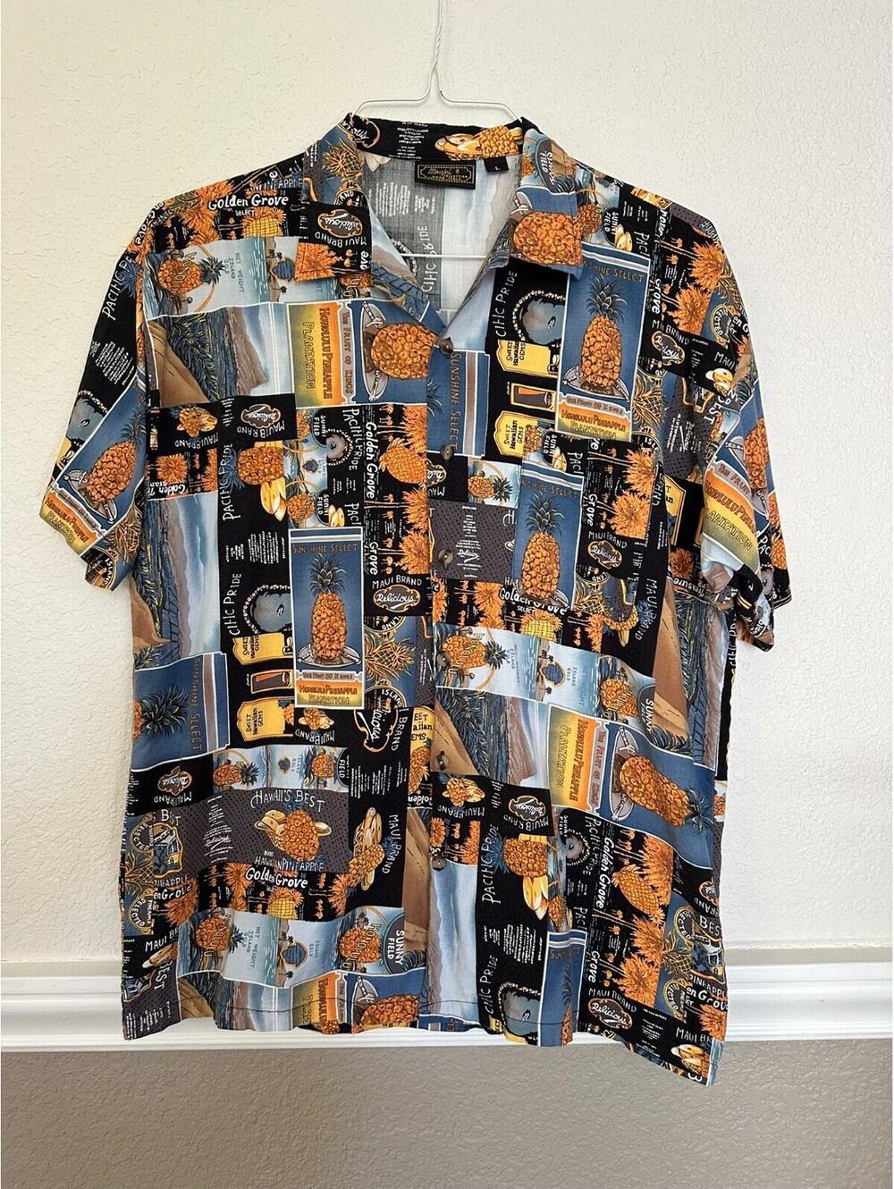 Monzini Moda Italy Hawaiian Shirt L Pineapple Plantation Label Print Camp Aloha